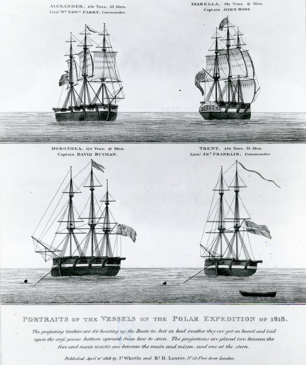 Portrætter af fartøjerne fra polarekspeditionen i 1818 (gravering) af English School