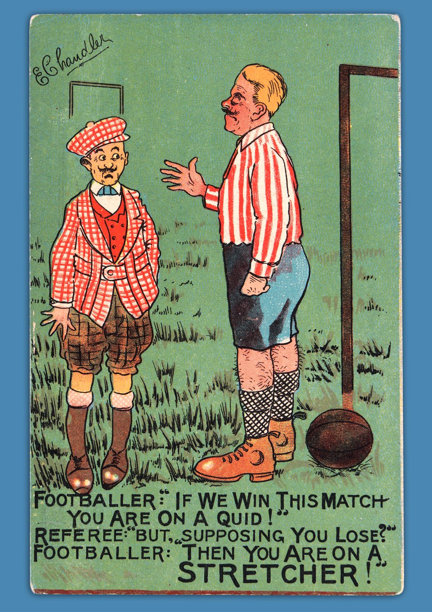 Postkort, der forestiller en karikatur af en spansk fodboldspiller af English School