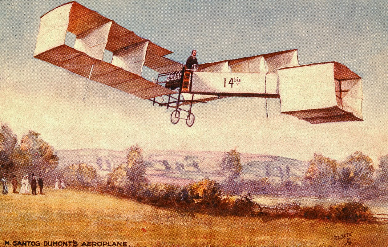 Postkort, der forestiller Santos-Dumont 14-bis flyvemaskinen, ca. 1910 af English School
