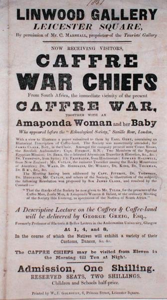 Plakat, der reklamerer for et foredrag om Caffre War Chiefs på Linwood Gallery af English School