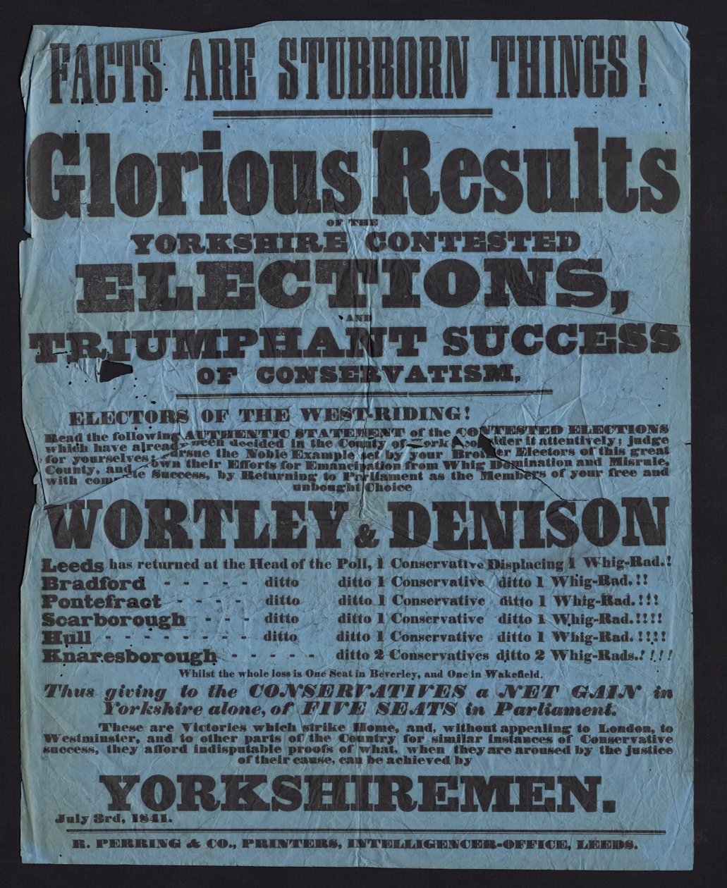 Plakat, der fejrer de konservative kandidaters sejr ved parlamentsvalget i Yorkshire af English School