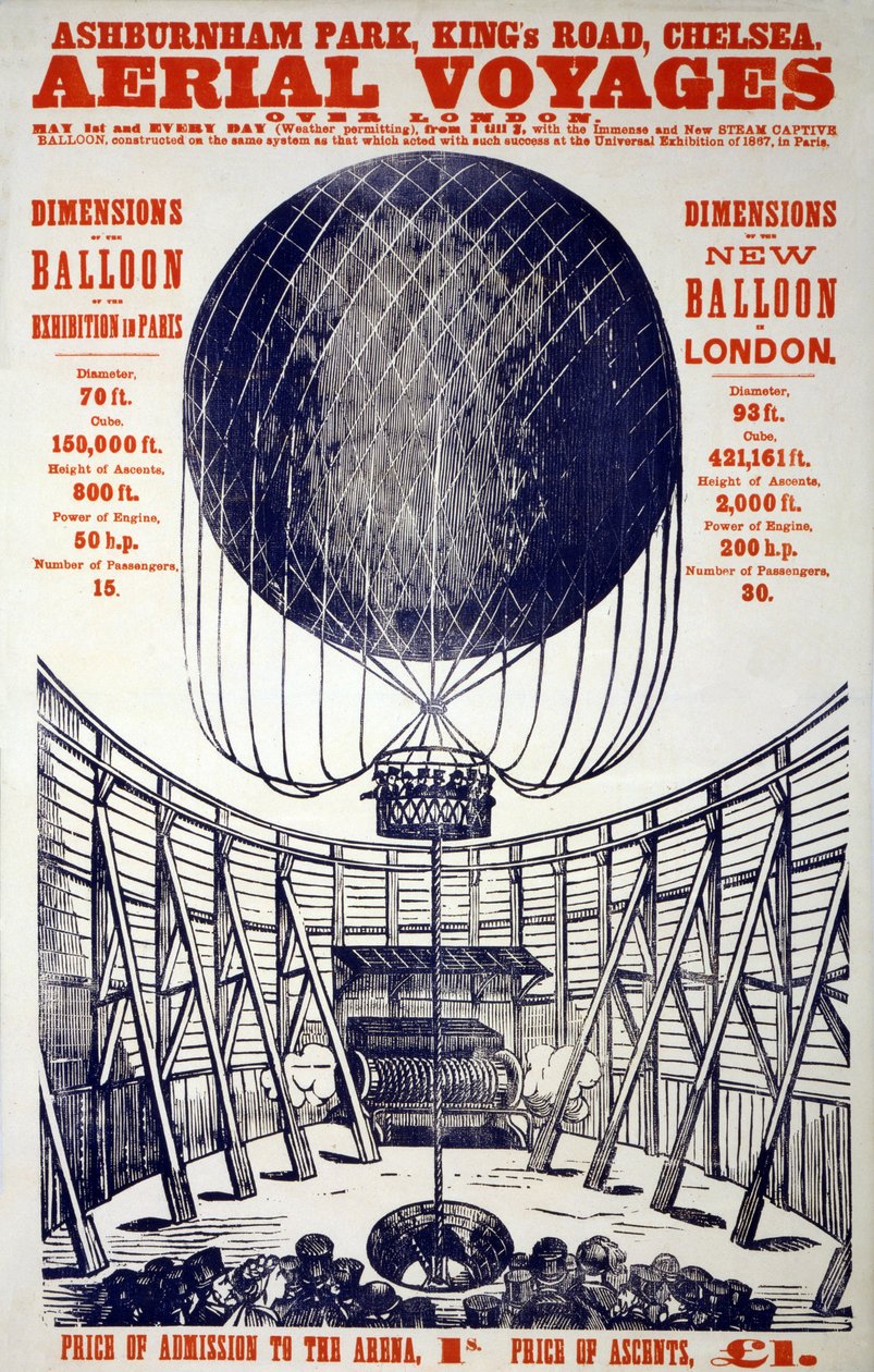 Plakat, der promoverer "Aerial Voyages over London", pub . 1867 (farvelitografi) af English School