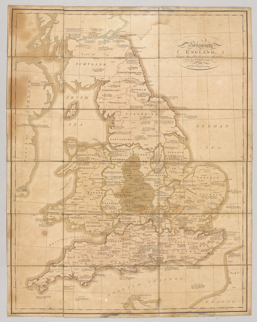 Praehagraphy of England, som er et kort over dette rige, der illustrerer de vigtigste kampe, der blev udkæmpet i det, 1807 af English School