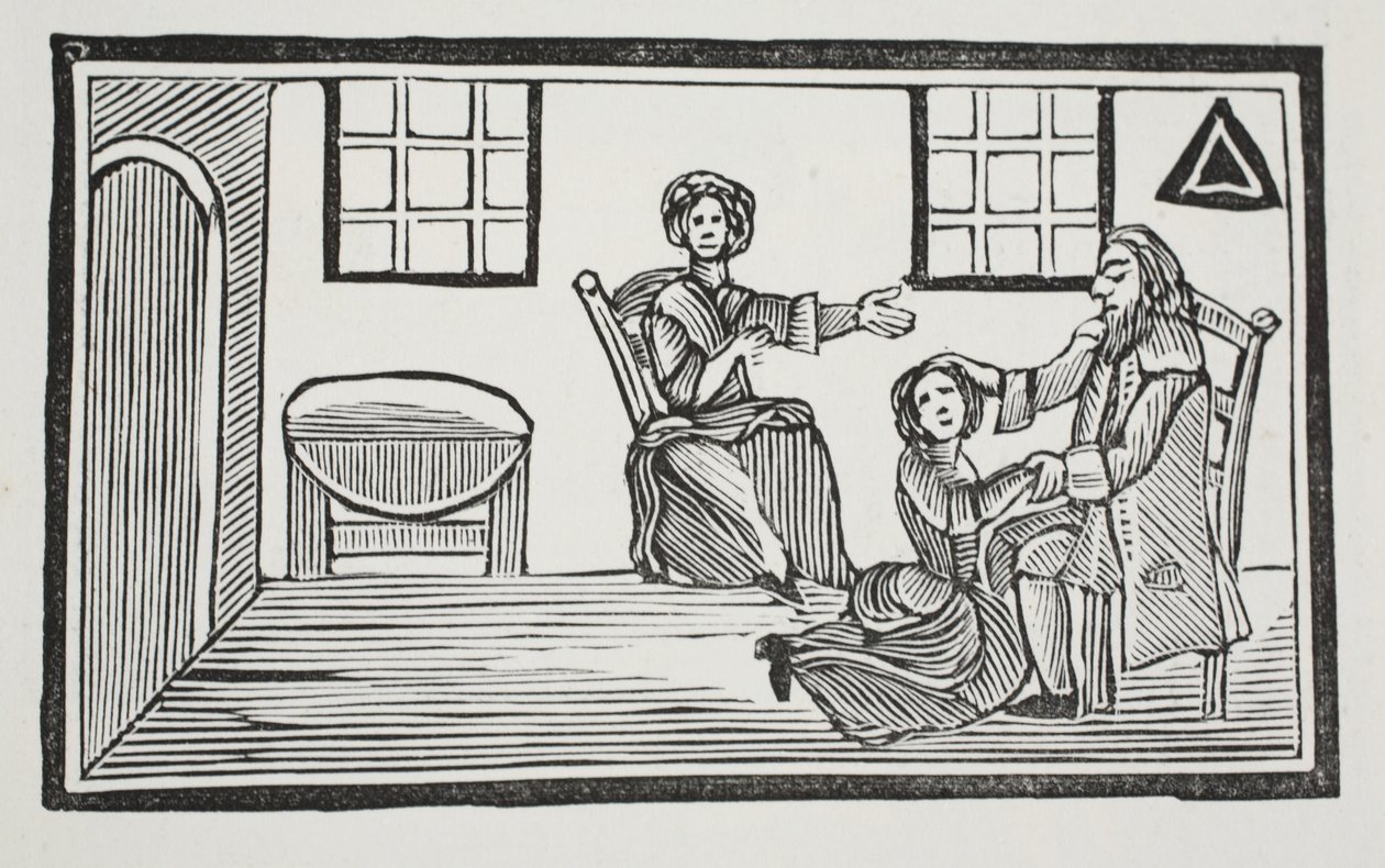 Pretty Bessie modtager sin fars velsignelse, når hun skal søge sit eget levebrød, illustration fra Chap-books of the Eighteenth Century af John Ashton, pub. 1882 af English School