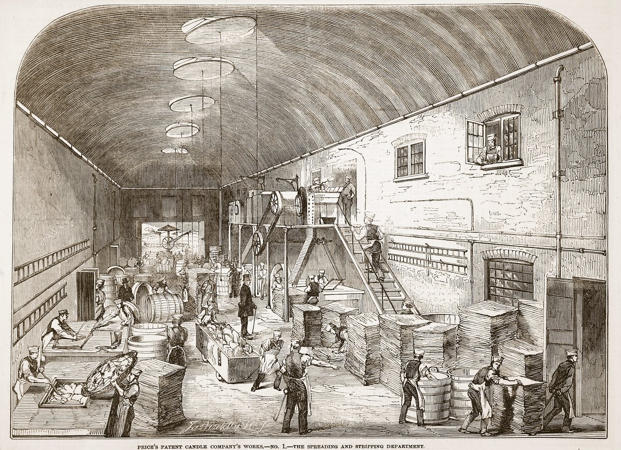 Priser Patent Candle Companys Works, No.1: The Spreading and Stripping Department, fra The Illustrated London News, 1849 af English School