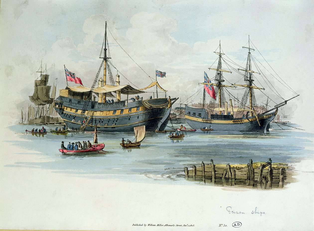 Fængselsskibe brugt af briterne under Napoleonskrigene til at huse franske fanger, 1805 (farvegravering) af English School