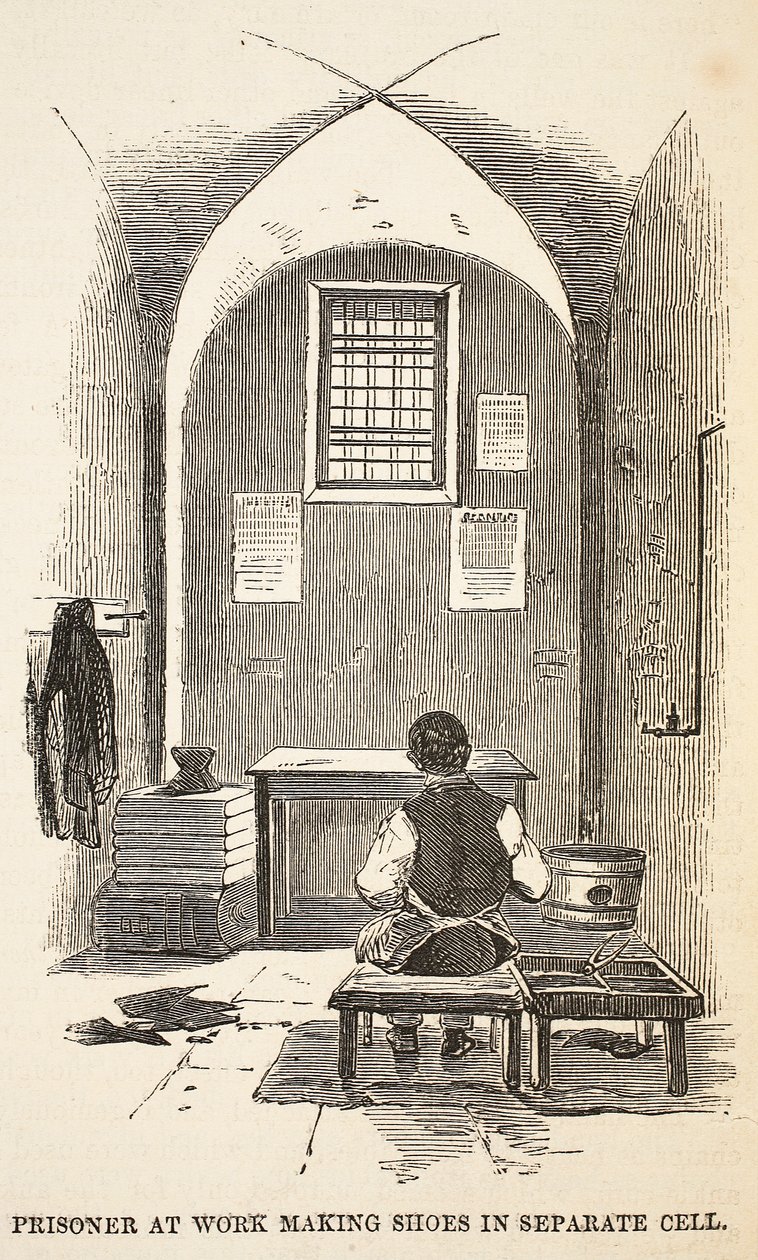 Fange på arbejde med at lave sko i separat celle, illustration fra The Criminal Prisons of London og Scenes from Prison Life af Henry Mayhew og John Binny, pub. 1862 af English School