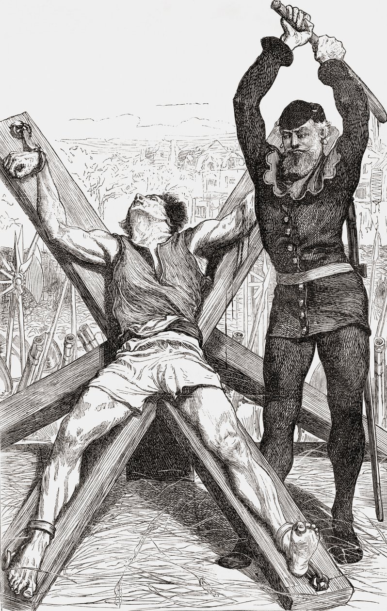 Fange bliver tortureret på St. Andrews Cross, ca. 1865 (trægravering) af English School