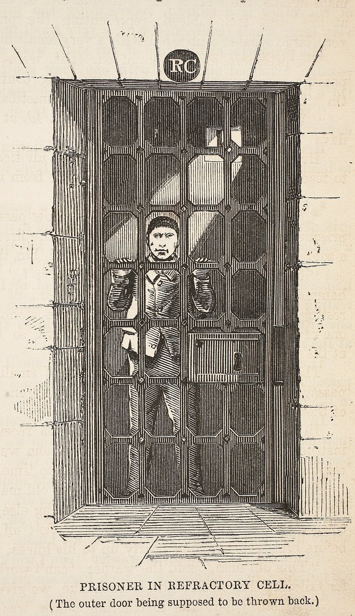 Prisoner in Refractory cell (den ydre dør formodes at blive smidt tilbage), illustration fra The Criminal Prisons of London og Scenes from Prison Life af Henry Mayhew og John Binny, pub. 1862 (e af English School