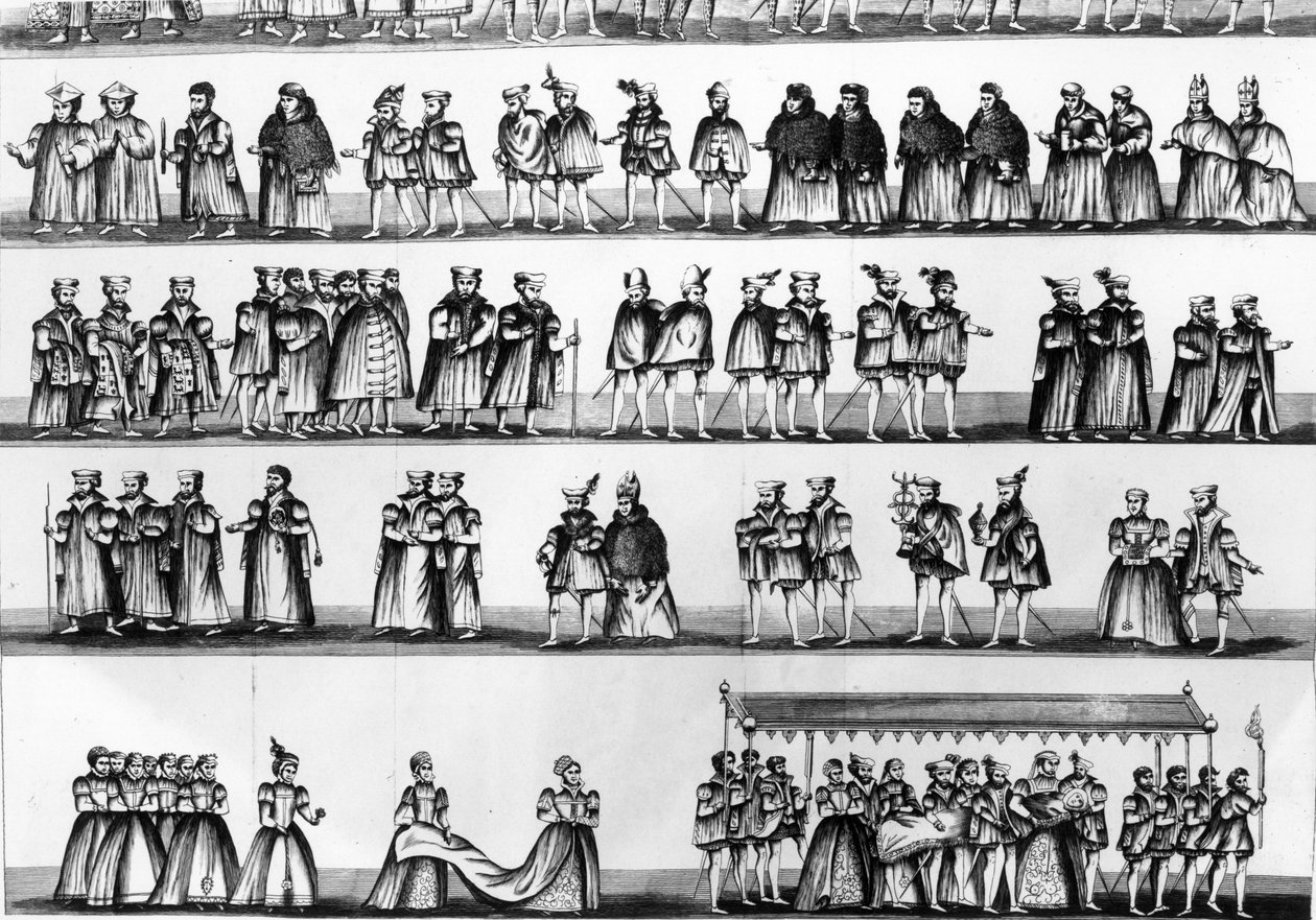 Procession ved dåb af Prins Arthur, søn af Henrik VII, indgraveret i 1782 af English School