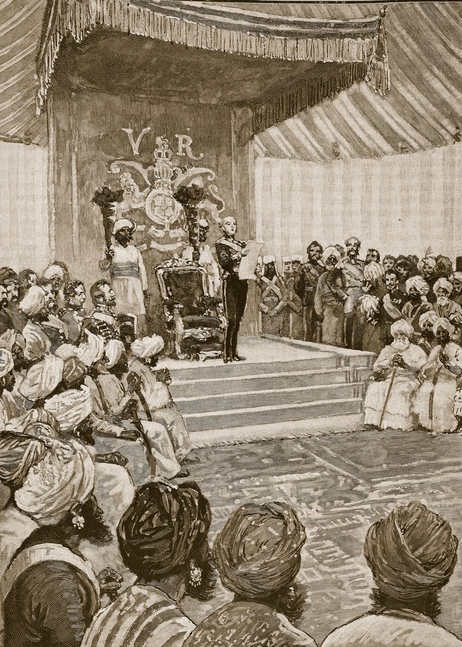 Proklamation af dronningen som kejserinde af Indien i 1877, illustration fra Cassells Illustrated History of England (sepia foto) af English School