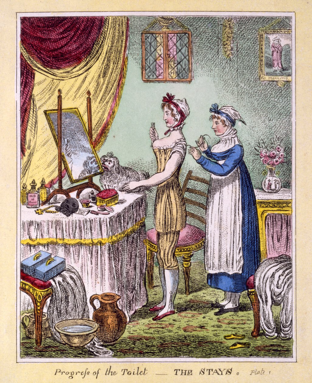 Progress of the Toilet - The Stays Plate 1, pub. af McCleary, London, 1810 (håndkoloreret gravering) af English School