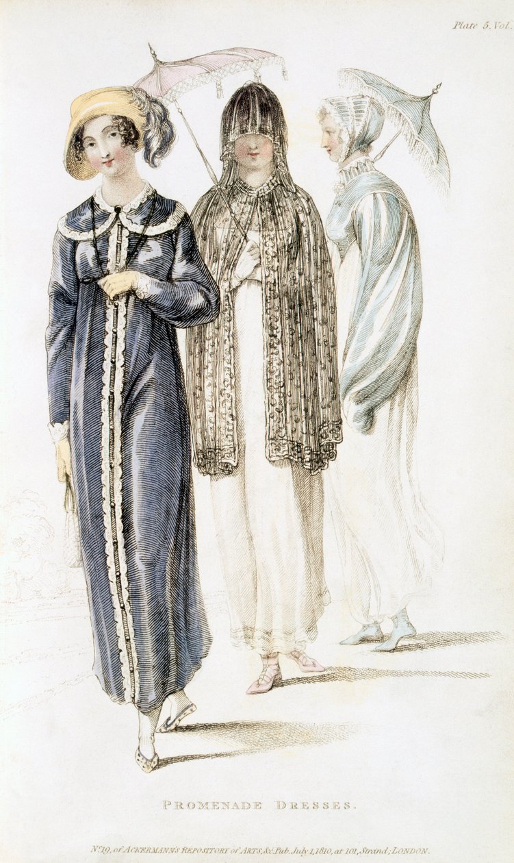Promenadekjoler, modetallerken fra Ackermanns Repository of Arts af English School