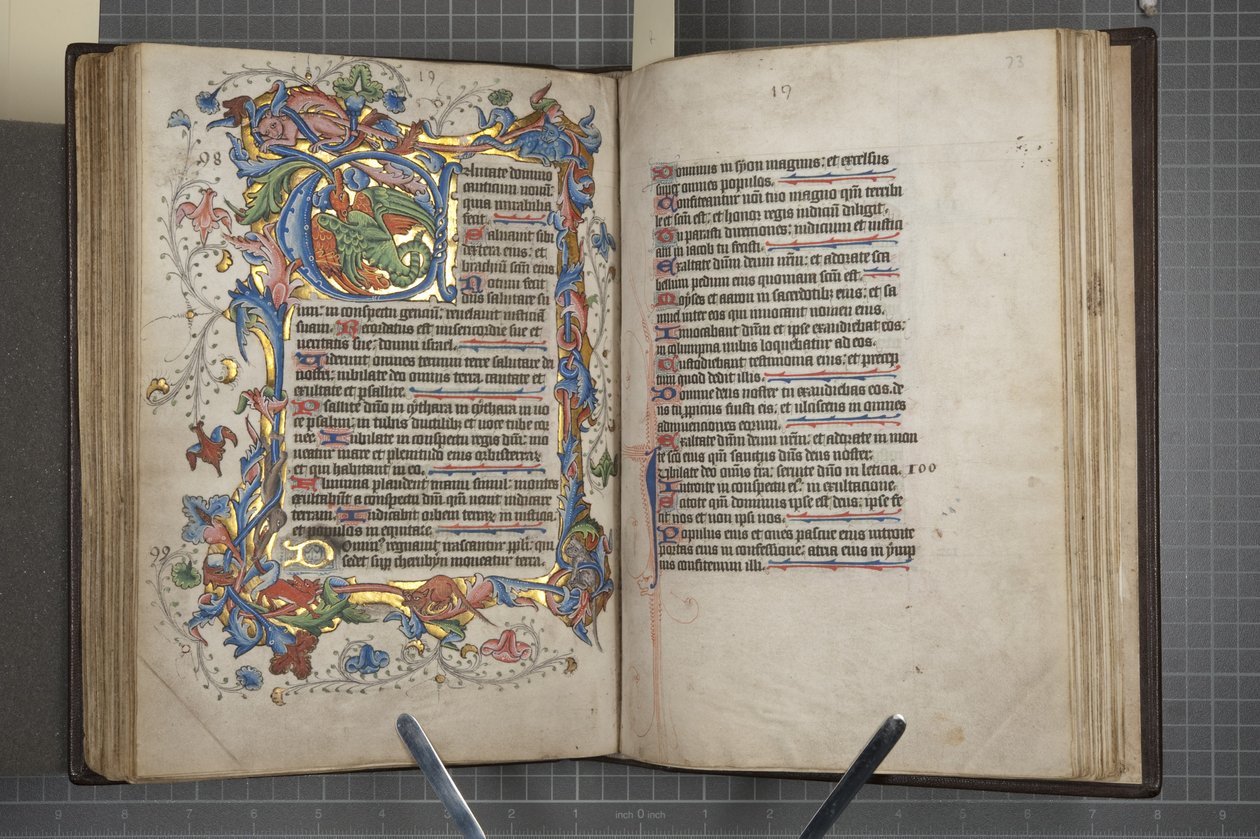 Psalter med Sarum brugskalender, Fol 72 verso fol 73 recto, c.1425-75 (blæk, maling & guld på vellum) af English School