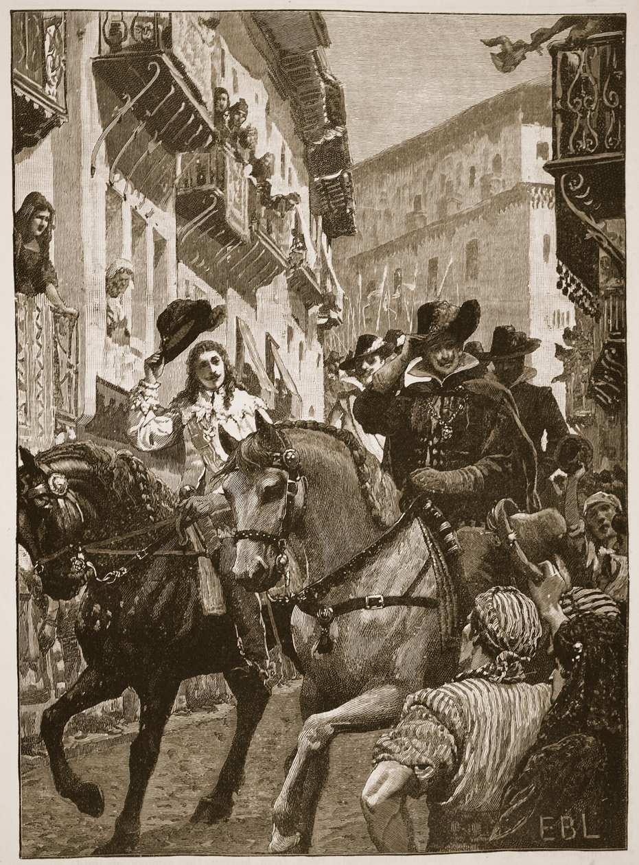 Offentlig reception af prins Charles i Madrid, illustration fra Cassell Illustrated History of England (sepia foto) af English School