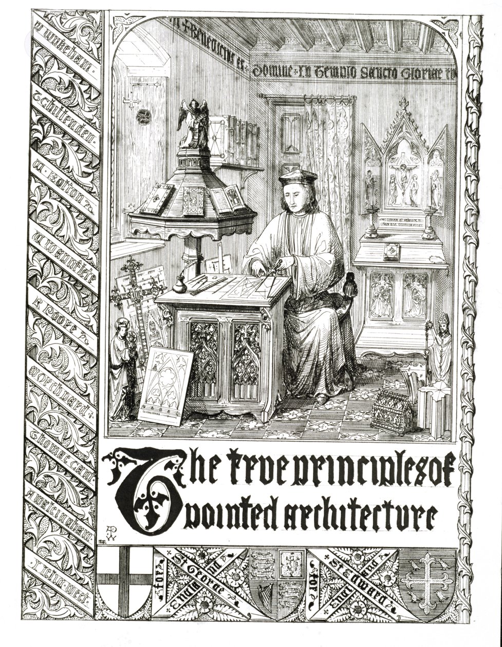 Pugin at work, frontispice fra True Principles of Pointed or Christian Architecture, af Augustus Welby Northmore Pugin (1812-52) af English School