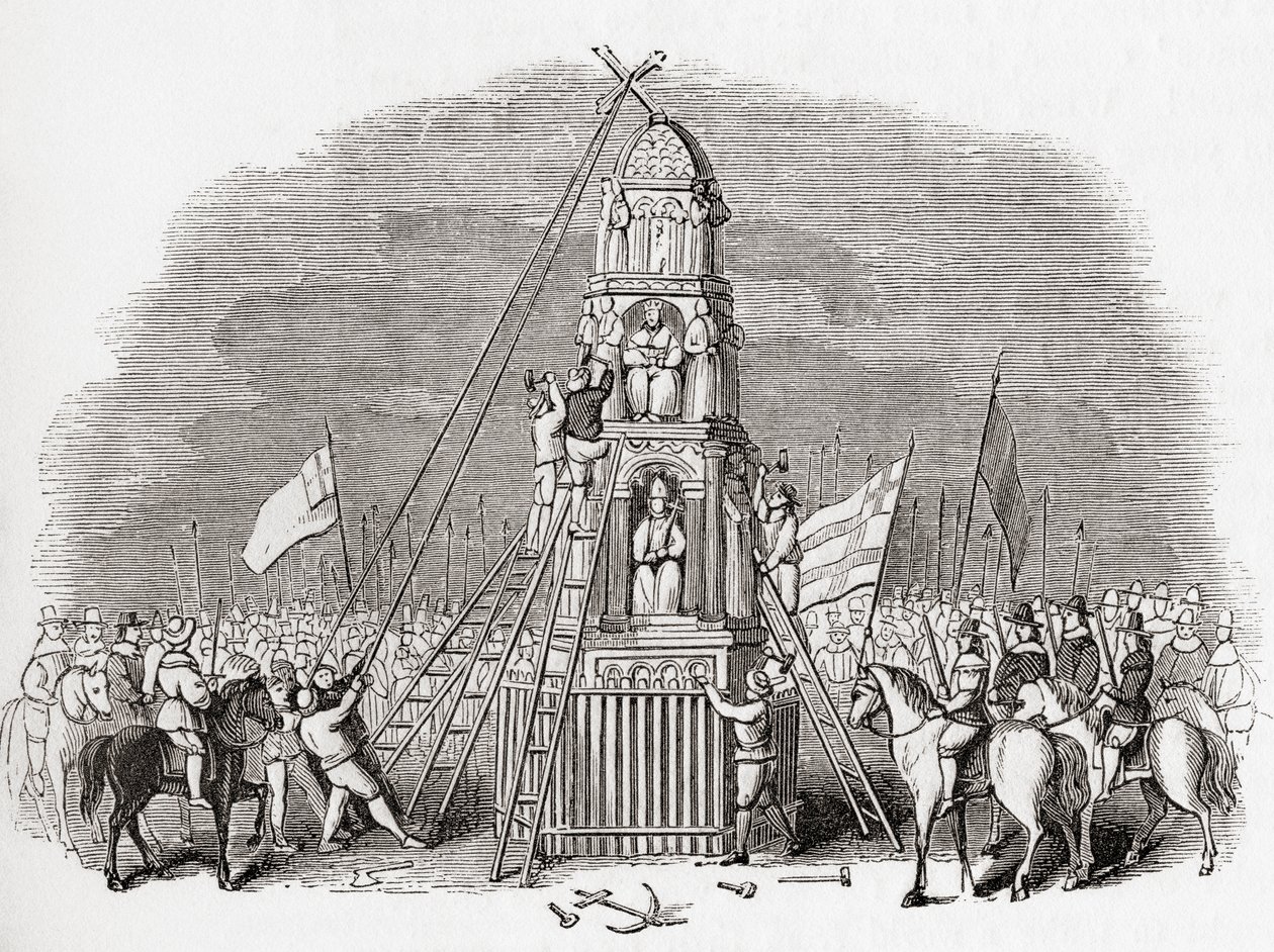 Puritanere ødelægger Cheapside Cross aka Eleanor Cross, London, England i 1643, fra Old England: A Pictorial Museum, pub. 1847 af English School