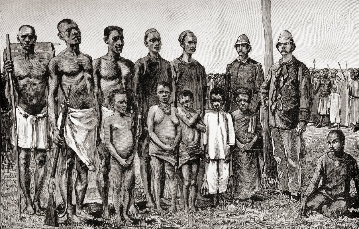 Indfødte pygmæer sammenlignet med engelske officerer, sudanesere og zanzibaris, 1890 (træstik) af English School