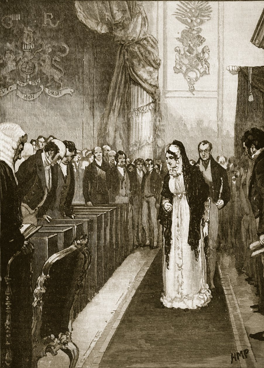 Dronning Caroline går ind i House of Lords, illustration fra Cassells Illustrated History of England (sepiafoto) af English School