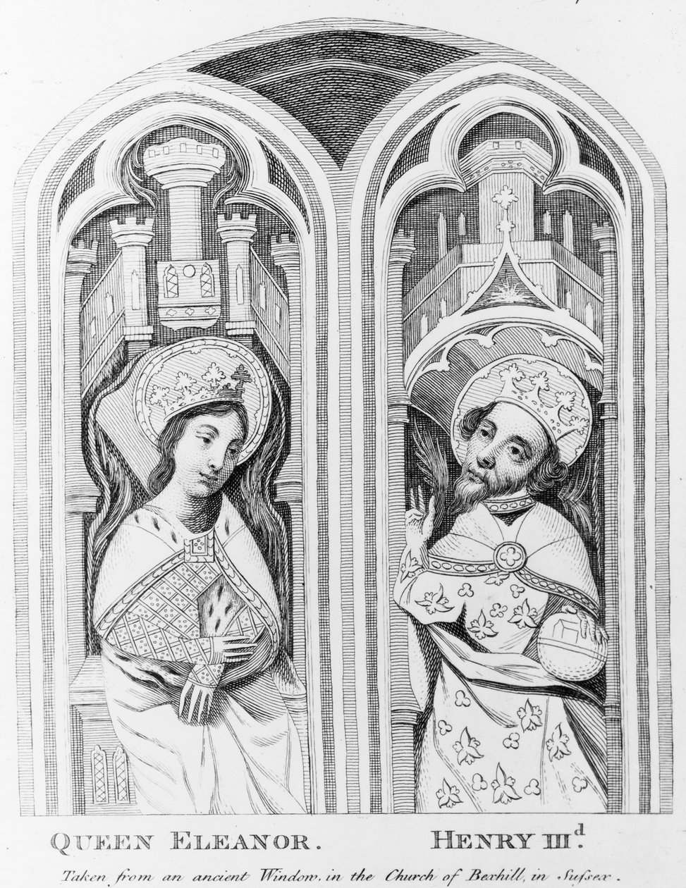 Dronning Eleanor og Henry III, taget fra et gammelt vindue i Church of Boxhill, Sussex af English School