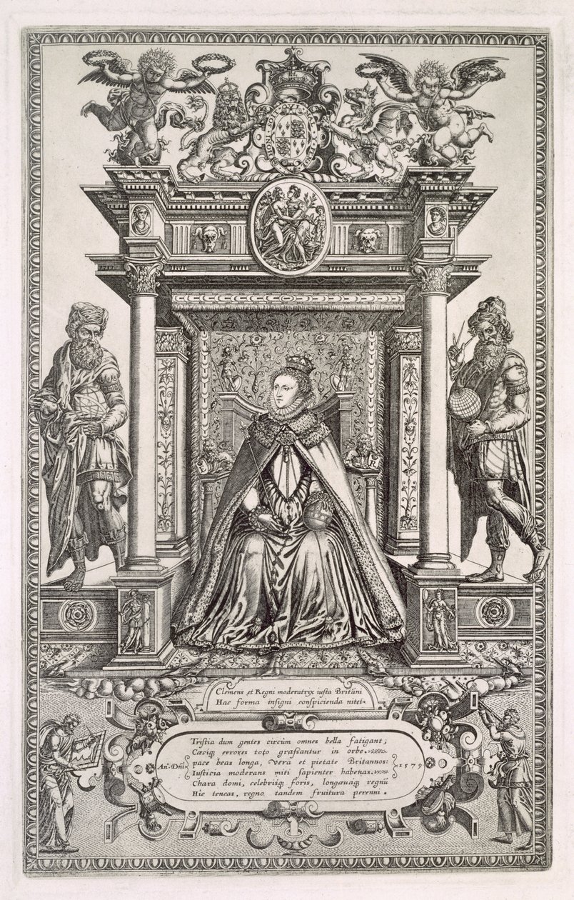 Dronning Elizabeth I (1533-1603) som protektor for geografi og astronomi, frontispice til en bog med saksiske kort over England, 1579 af English School