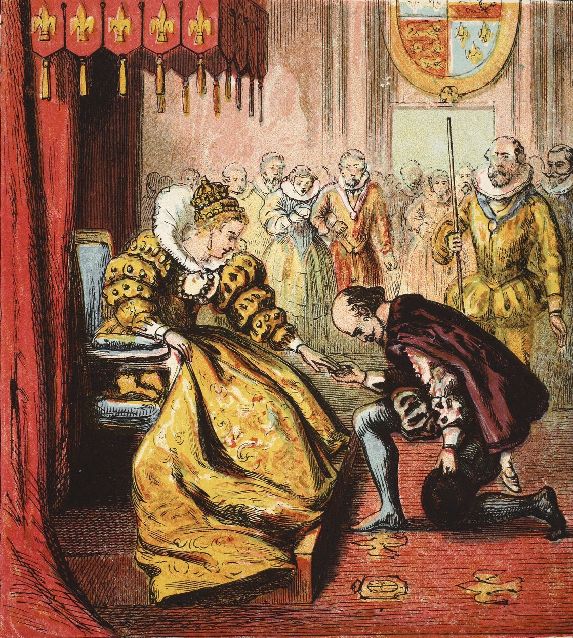 Dronning Elizabeth I og Shakespeare, pub. 1890 (farvestik) af English School