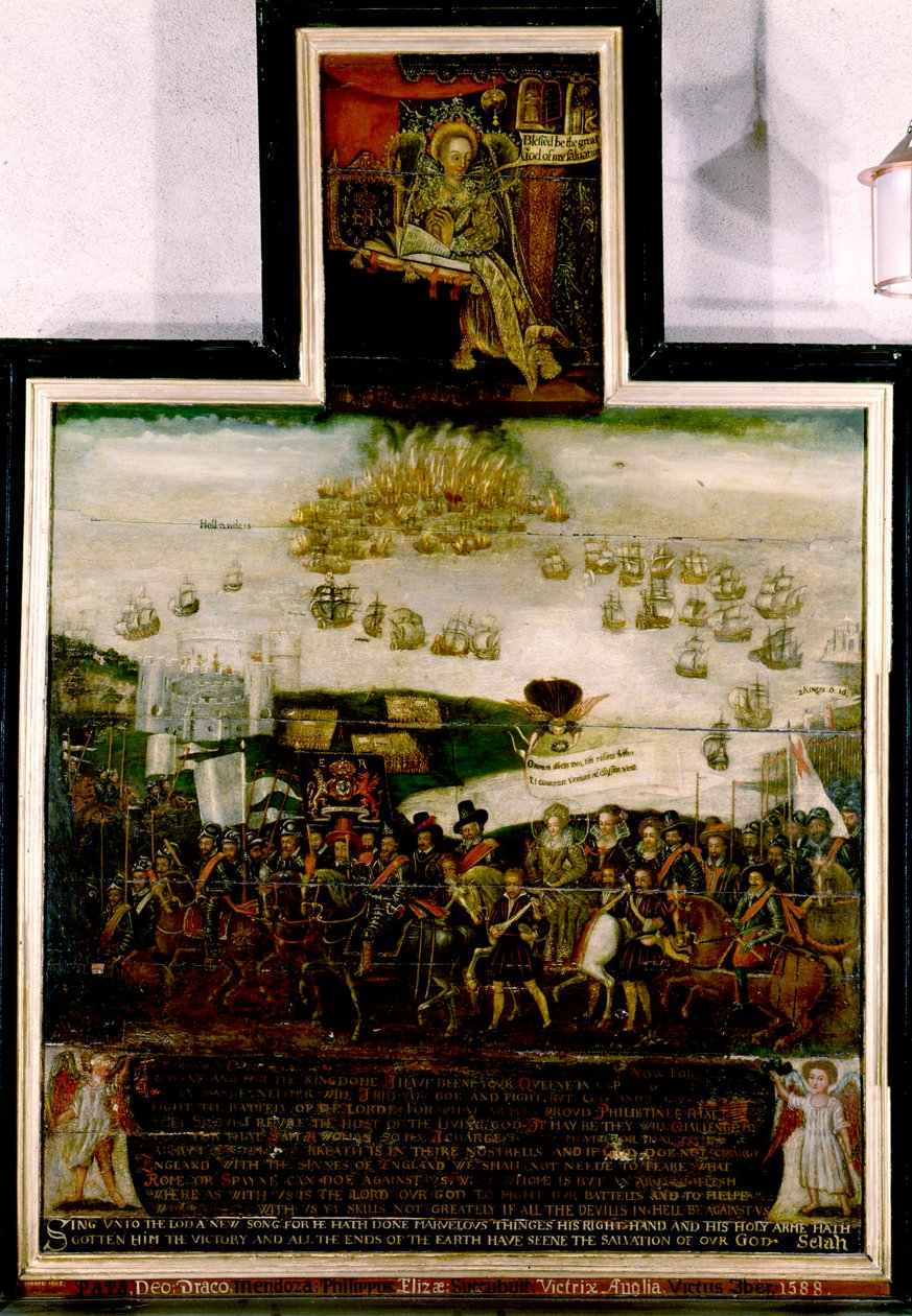 Dronning Elizabeth I ankommer til Tilbury og det engelske nederlag til den spanske armada i 1588 (olie på panel) af English School