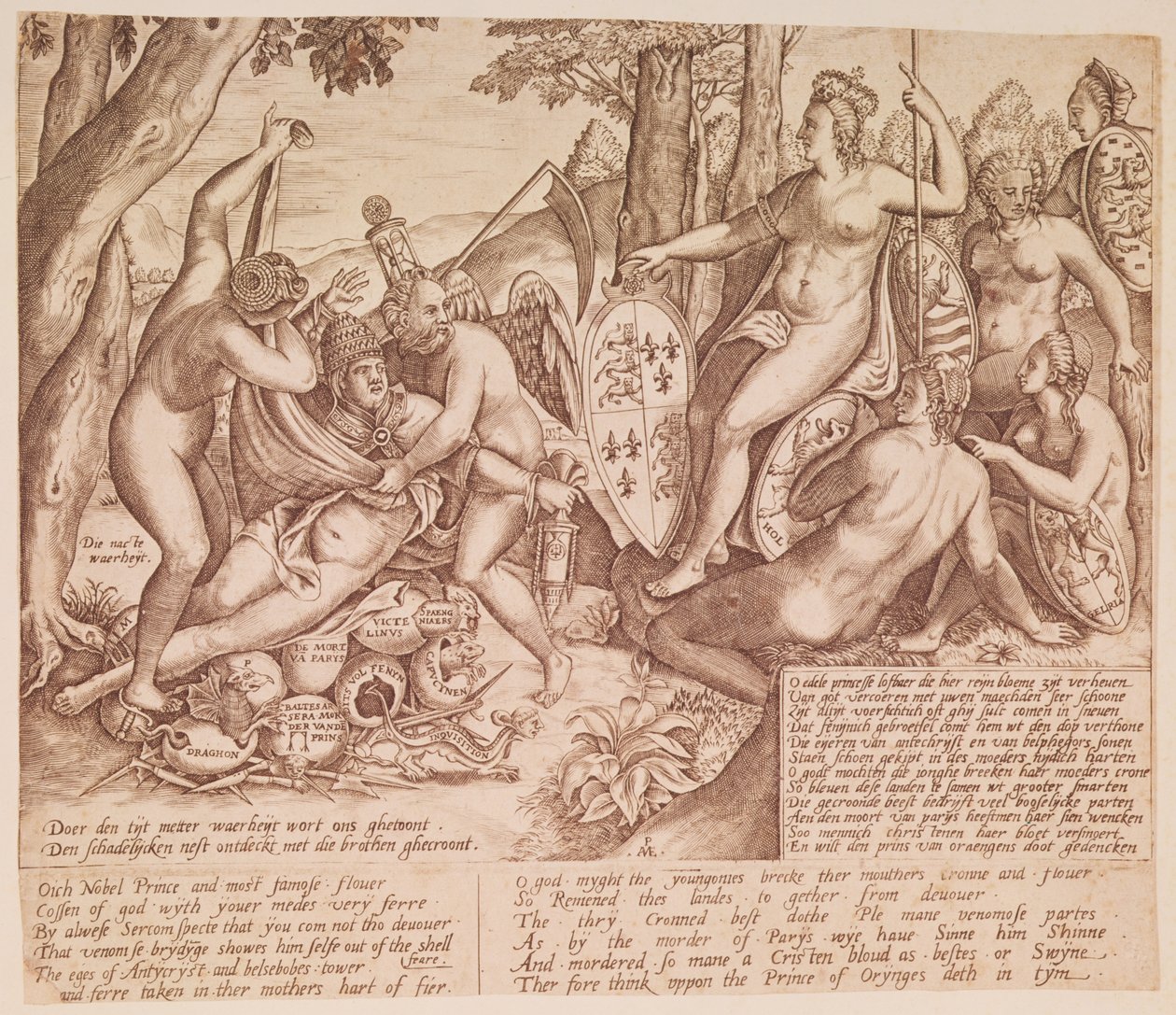 Dronning Elizabeth I af England som gudinden Diana, der sidder til doms over pave Gregor XIII af English School