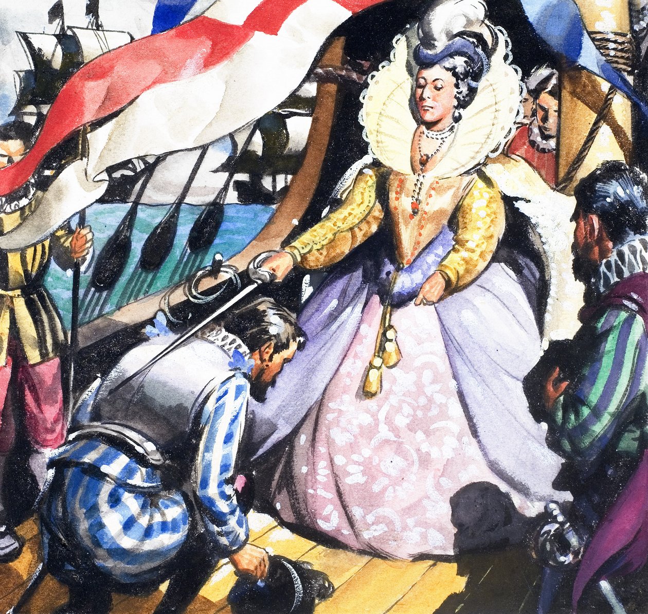Dronning Elizabeth og Francis Drake af English School