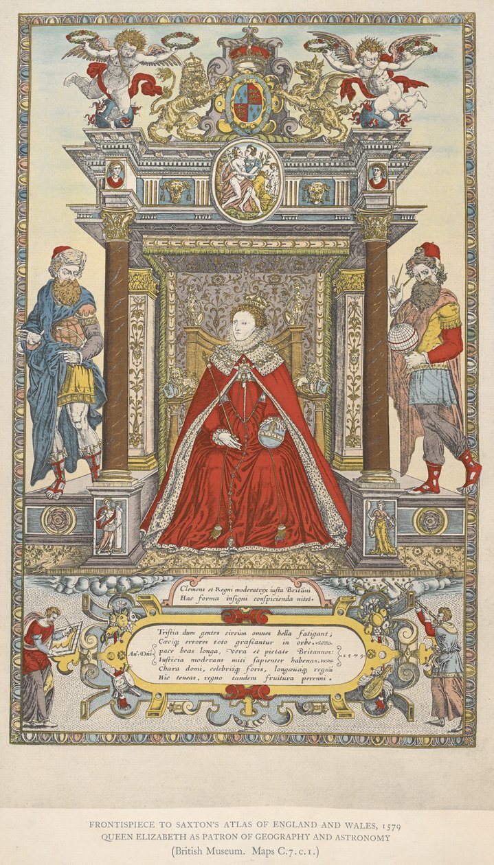 Dronning Elizabeth som protektor for geografi og astronomi. Frontispice til Saxtons atlas over England Wales fra 1579 (farve litho) af English School