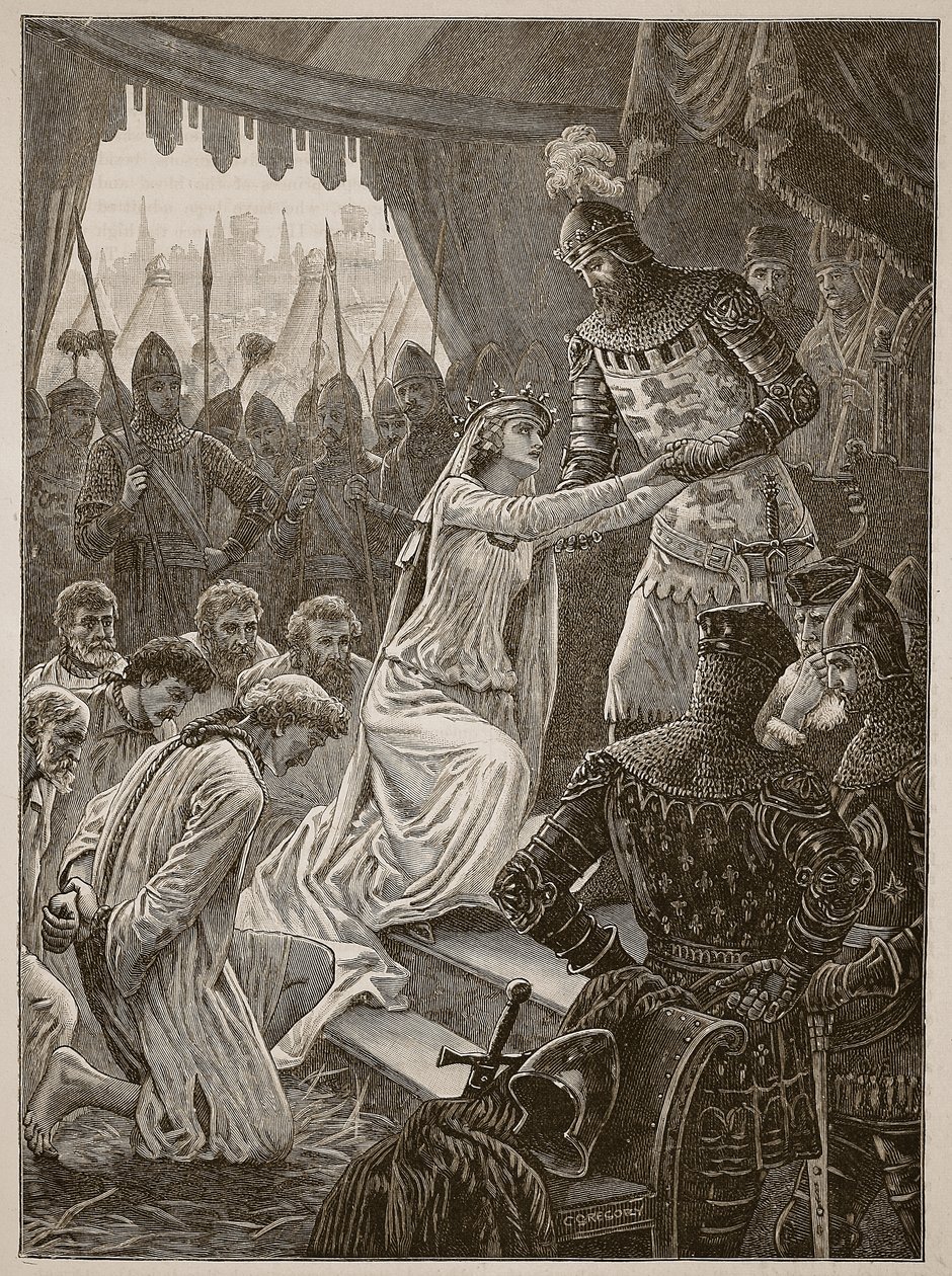 Dronning Philippa går i forbøn for Burghesses of Calais, illustration fra Cassells Illustrated History of England (sepia foto) af English School