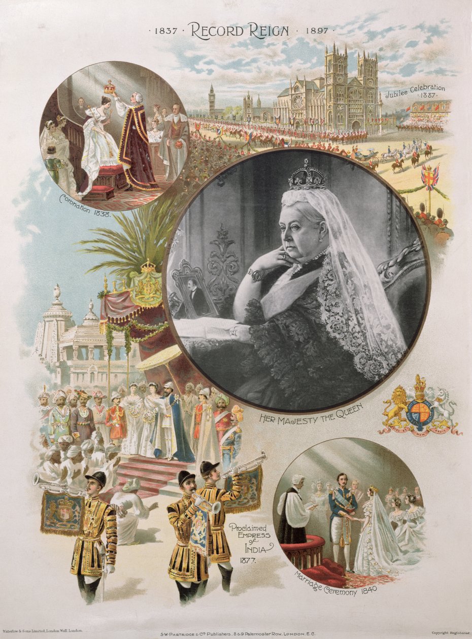Dronning Victoria (1819-1901) afbildet på tidspunktet for hendes diamantjubilæum i 1897 sammen med nogle af de vigtigste begivenheder i hendes liv, 1897 af English School