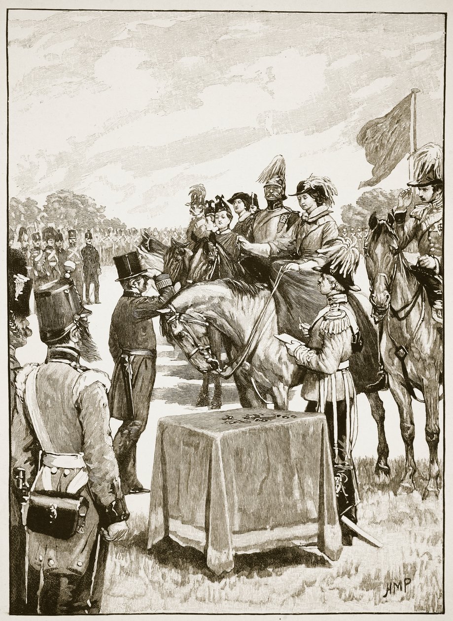 Dronning Victoria ved den første præsentation af Victoria Cross, illustration fra Cassells Illustrated History of England (sepia foto) af English School