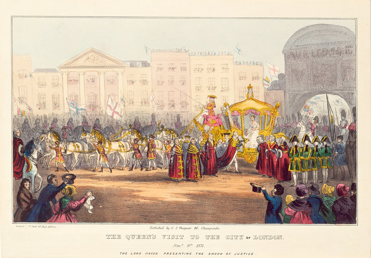 Dronning Victoria kommer ind i City of London ved Temple Bar, indgraveret af G. Tregear, 1837 af English School