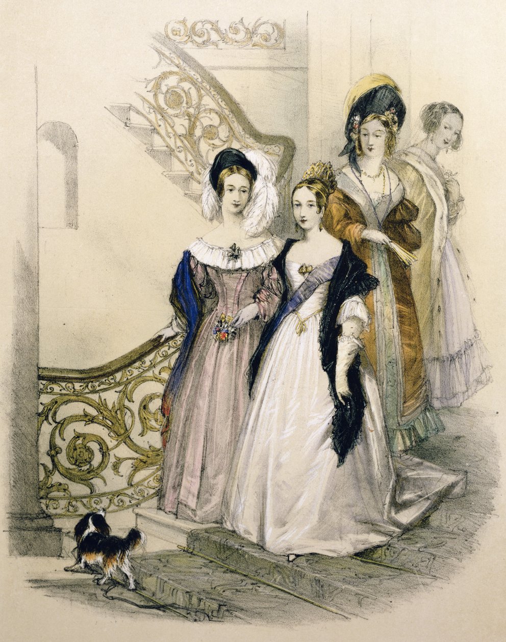 Dronning Victoria på en trappe med tjenende damer af English School