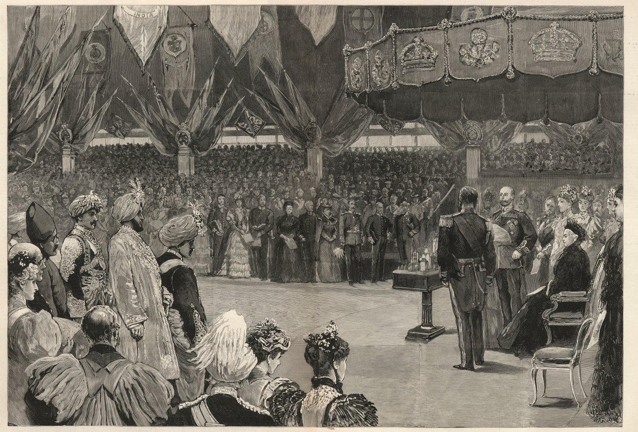 Dronning Victoria åbner Imperial Institute of Det Forenede Kongerige, Kolonierne og Indien i London, maj 1893. af English School
