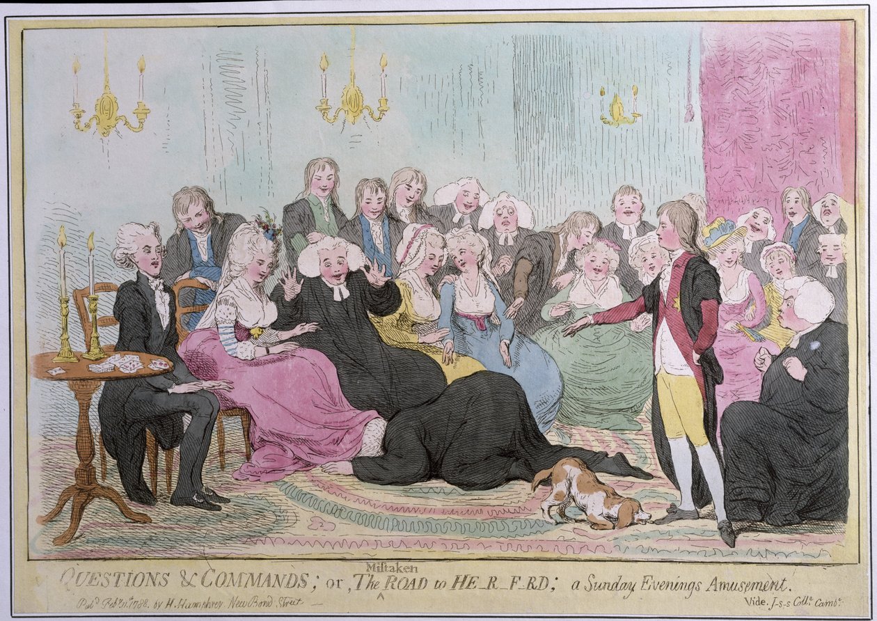 Spørgsmål og kommandoer, eller The Mistaken Road to H-r-f-rd: a Sunday Evenings Amusement, udgivet af Hannah Humphrey i 1788 (håndfarvet radering) af English School