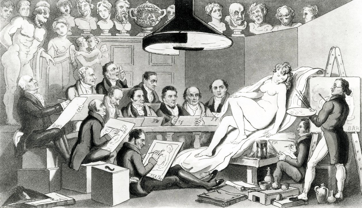 R. A.s of Genius reflekterer over den sande skønhedslinje på Life Academy Somerset House, udgivet af Sherwood, Jones & Co., 1824 af English School