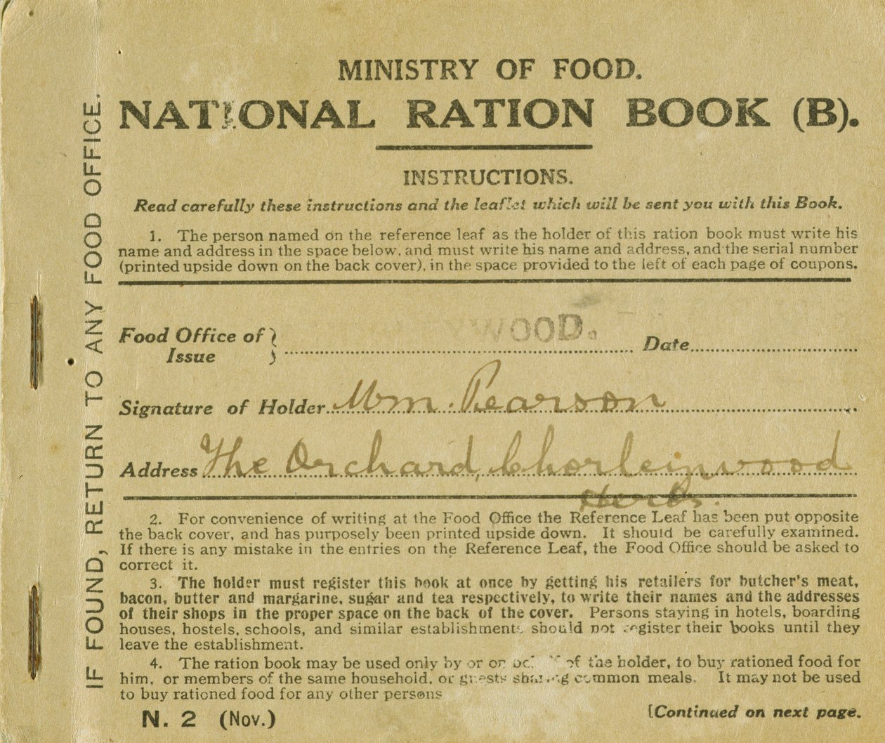 Rationeringsbog for William Pearson, Chorleywood, Hertfordshire, 1919 (tryk) af English School