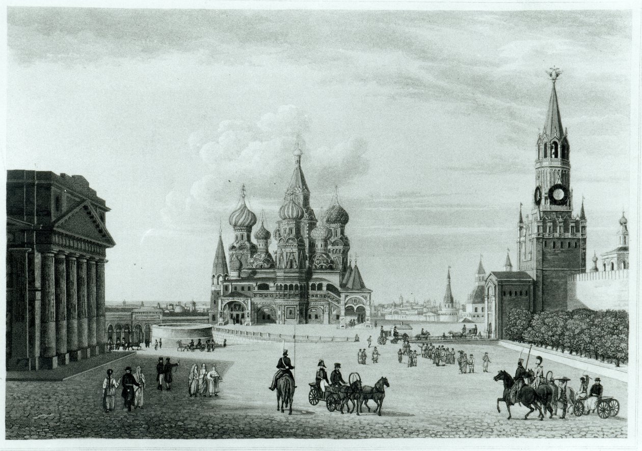 Den Røde Plads, Moskva, fra The Character of the Russians and a Detailed History of Muscovy af Robert Lyall, udgivet 1823 af English School