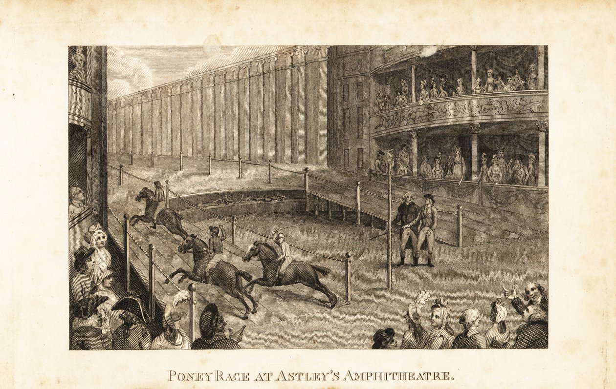 Regency-publikum i teaterbokse og boder, der ser et hestevæddeløb i Astley