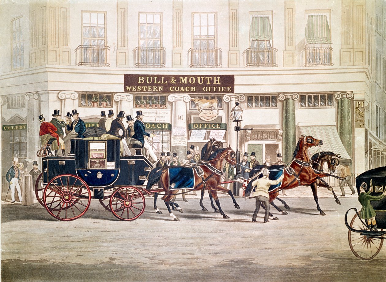 Regent "s Circus, Beaufort Coach Starting from the Bull and Mouth, by Shayer and Huntdani af English School
