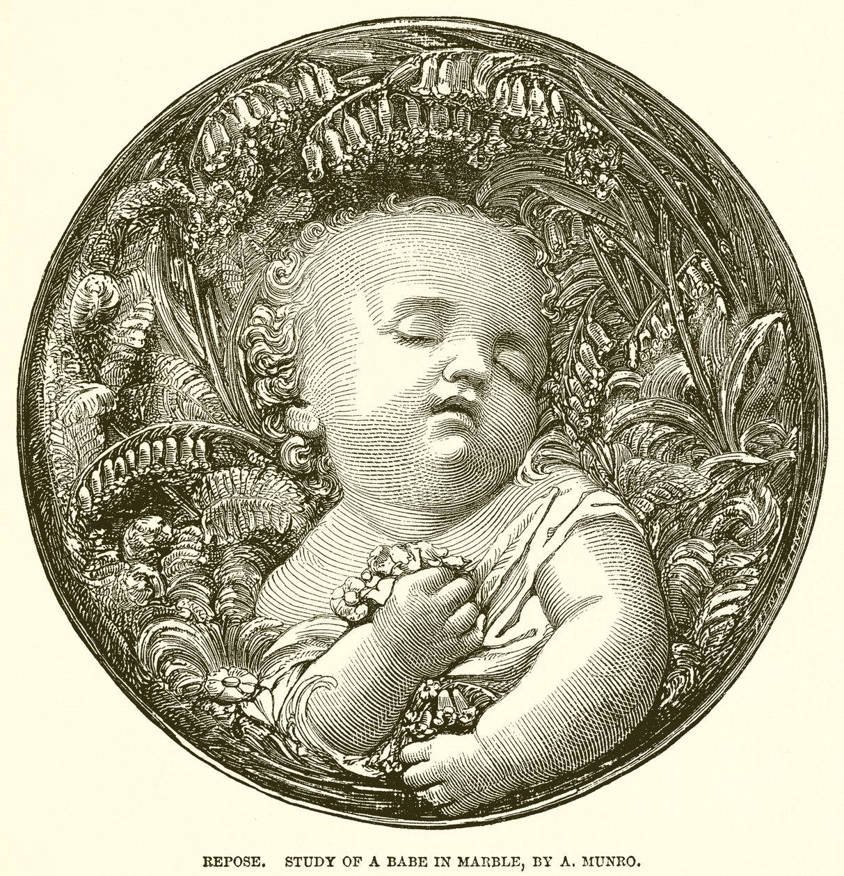 Repose. Studie af en baby i marmor, af A. Munro (kobberstik) af English School