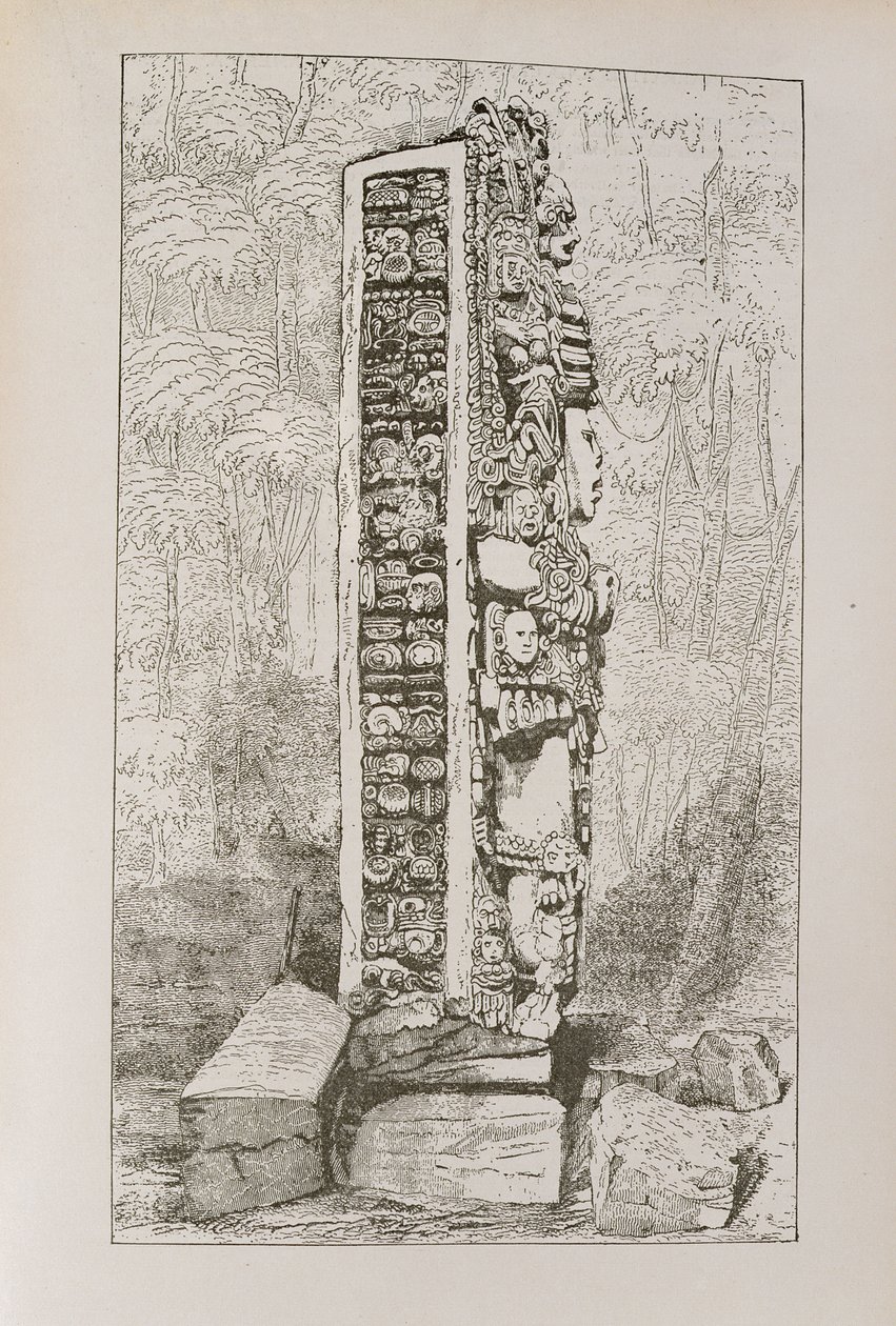 Repræsentation af maya-hieroglyffer på en stele, fra "Narrative and Critical History of America", udgivet i 1889 af English School