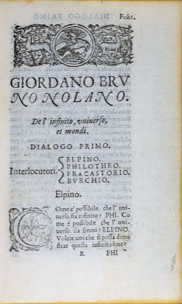 Res 28610 Første side af De lInfinito Universo et Mondi af Giordano Bruno, udgivet i London, 1584 (trykt papir) af English School