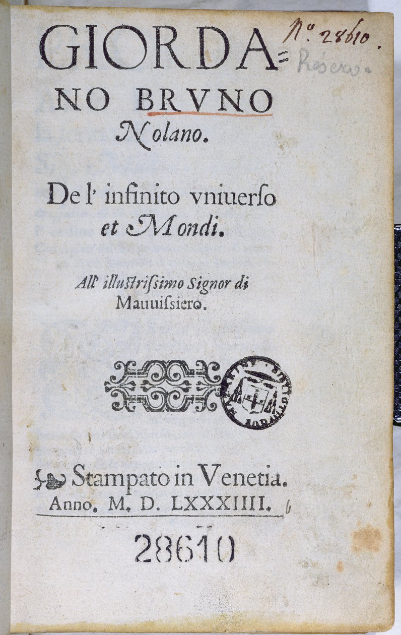 Res 28610 Titelside af De lInfinito Universo et Mondi af Giordano Bruno, udgivet i London, 1584 (trykt papir) af English School
