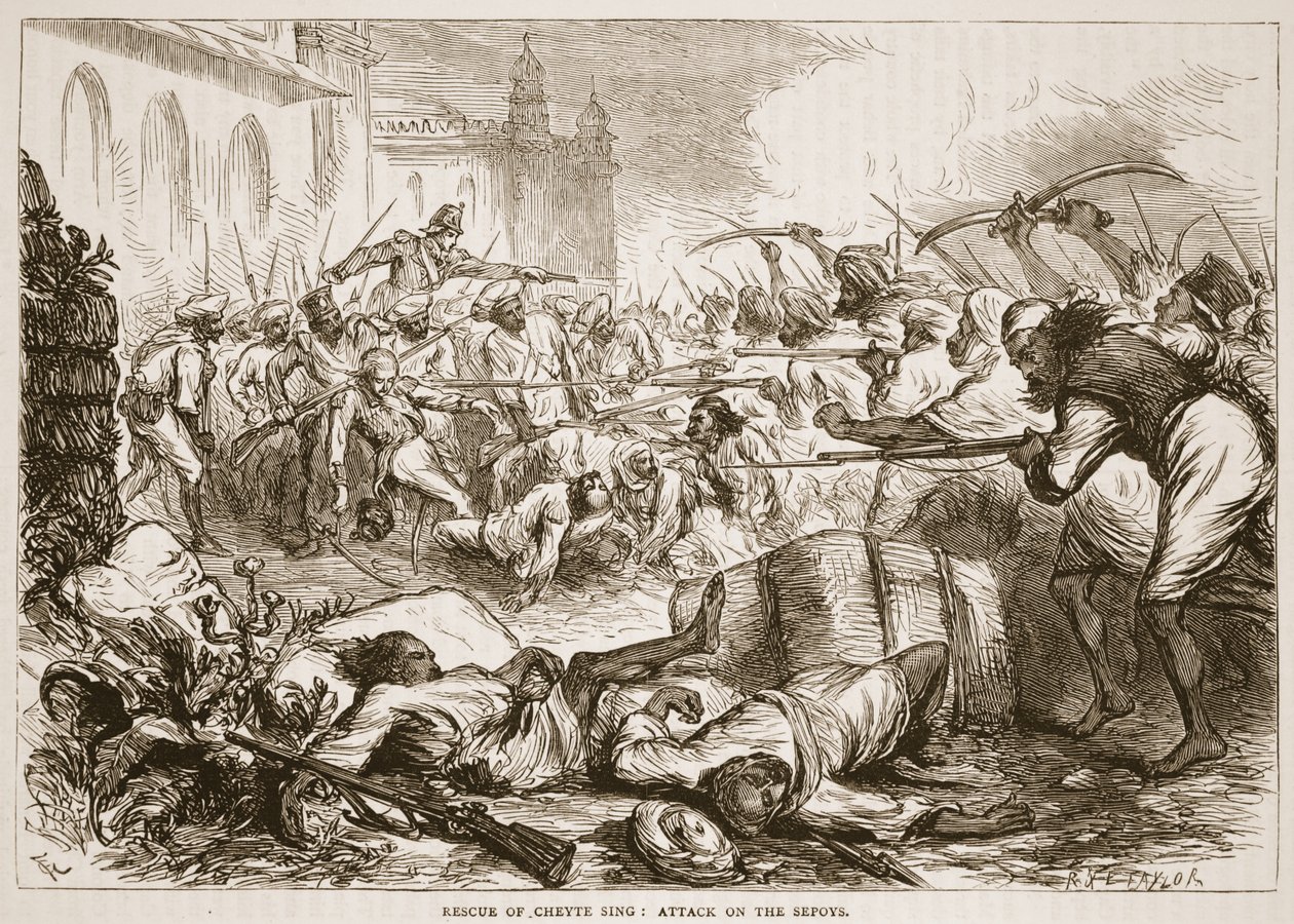 Rescue of Cheyte Sing: angreb på sepoyerne, illustration fra Cassells Illustrated History of India af James Grant, pub. 1879 af English School