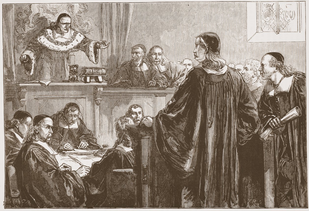 Richard Baxter før dommer Jeffreys, illustration fra The History of Protestantism af James Aitken Wylie (1808-1890), pub. 1878 af English School