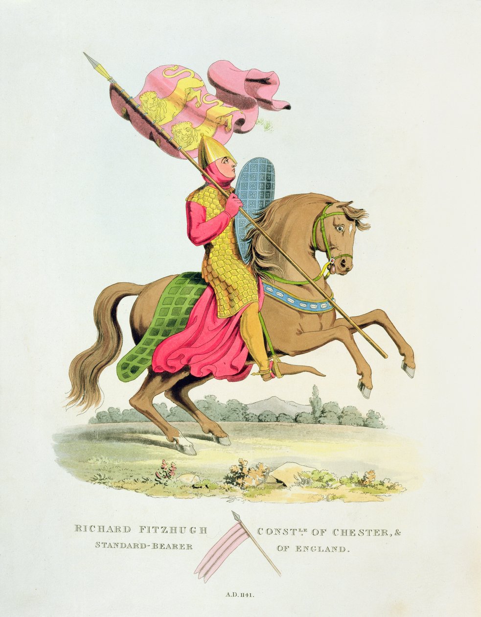 Richard Fitzhugh, konstabel af Chester og fanebærer af England, 1141, fra Ancient Armour af Samuel Rush Meyrick, 1824 af English School