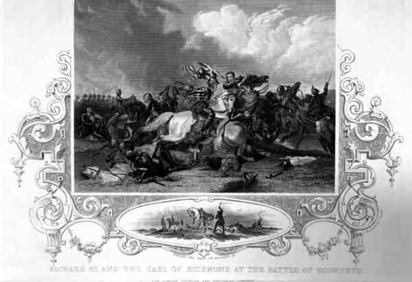 Richard III og jarlen af Richmond i slaget ved Bosworth (gravering) af English School